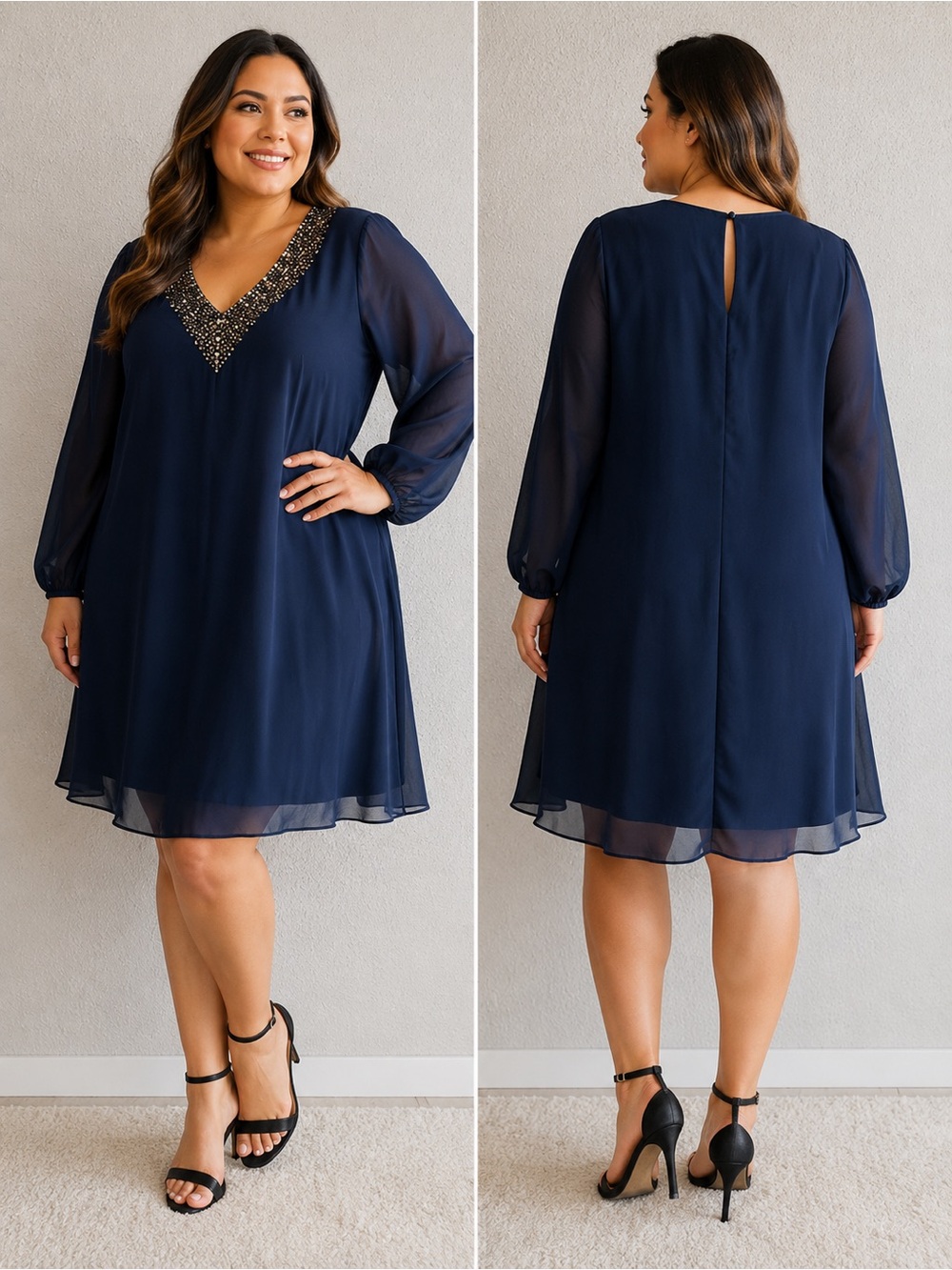 Betsy & Adam Navy Long-Sleeve Beaded V-Neck Dress